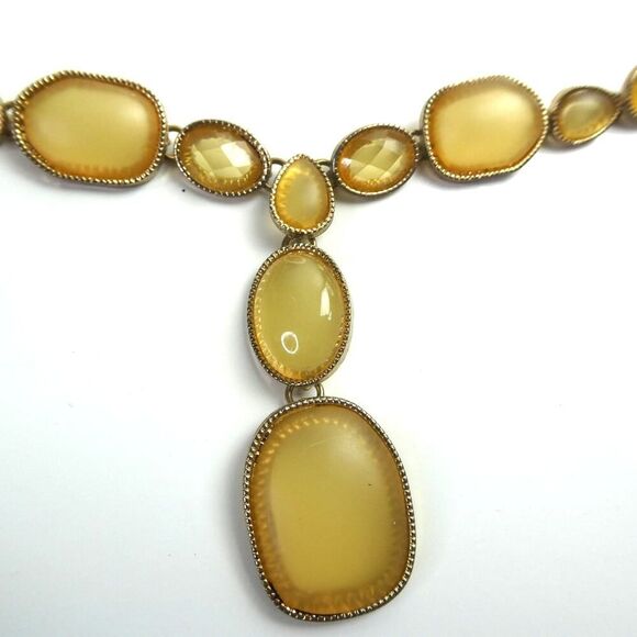 Light Amber & Gold Tone Y T Drop Regency Bridgerton Statement Necklace Cabochons - Picture 5 of 11